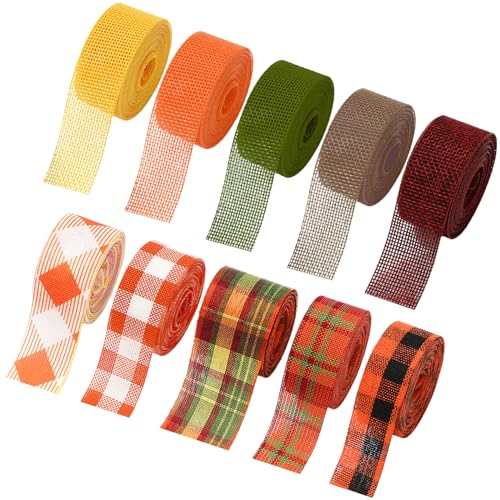 10 Rolls 50 Yard Fall Plaid Burlap Ribbon Rolls 1 Inch Autumn Gift Wrapping Ribbon Seasonal Decorative Ribbons for DIY Crafts Wreath Bow Making Supplies Home Decor (10 Count)