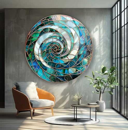 24''(60cm) Diameter Aqua Spiral Harmony Round Glass Wall Art Tempered Glass Printing Wall Decor Large Wall Art Wall Hangings