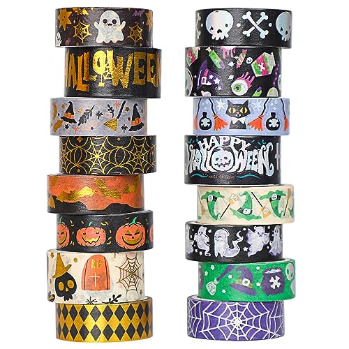16 Rolls Halloween Washi Tape Holiday Masking Tape Stickers Glod Foil Decorative Tape for Scrapbook Journal DIY Craft Gift Wrapping（Halloween (157 Foot)