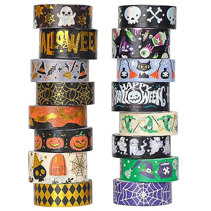 16 Rolls Halloween Washi Tape Holiday Masking Tape Stickers Glod Foil Decorative Tape for Scrapbook Journal DIY Craft Gift Wrapping（Halloween (157 Foot)
