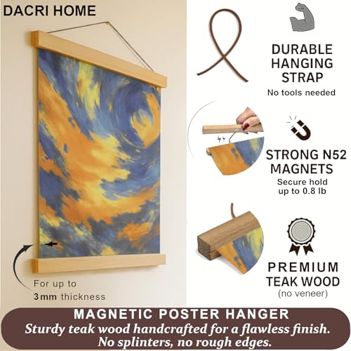 17 Inch Wide Magnetic Poster Frame Hanger 17x11 17x22 17x24 Easy Hanging Large Compatibility Wooden Dowel Hanger for Wall Art Picture Photo Canvas Print