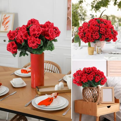 24 Pcs Artificial Geranium Flowers for Outdoors Geranium Silk Red Flowers Outdoor UV Resistant Garden Plants Faux Flower for Christmas Home Kitchen Table Centerpieces Decor