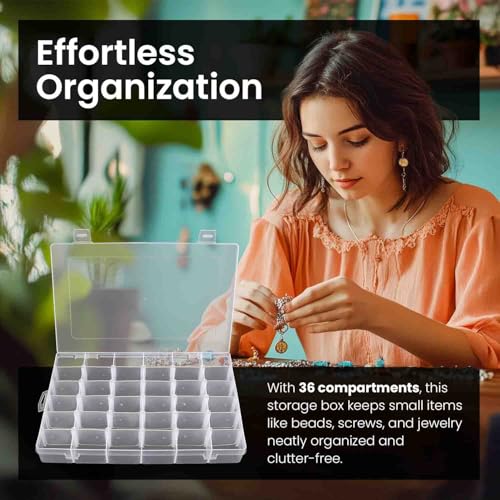 4pack 36 Grids Plastic Clear Organizer Box Bead Storage Containers with Adjustable Dividers for Craft Jewelry Fishing Tackles Parts Storage with 4 Sheets Label Stickers (4 Count)