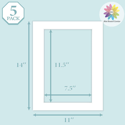 MBC Mat Board Center, 5 Pack 11X14 for 8X12 White Picture Mats Frame Mattes, Bevel Cut, Acid Free, 4-Ply Thickness