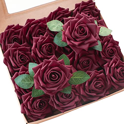 Artificial Flowers 16pcs 3.5" Real Looking Burgundy Foam Fake Hybrid Tea Roses with Stems for DIY Red Wedding Bouquets Bridal Shower Centerpieces Floral Arrangements Party Tables Decoration (24 Count)