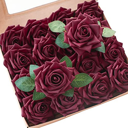 Artificial Flowers 16pcs 3.5" Real Looking Burgundy Foam Fake Hybrid Tea Roses with Stems for DIY Red Wedding Bouquets Bridal Shower Centerpieces Floral Arrangements Party Tables Decoration (24 Count)