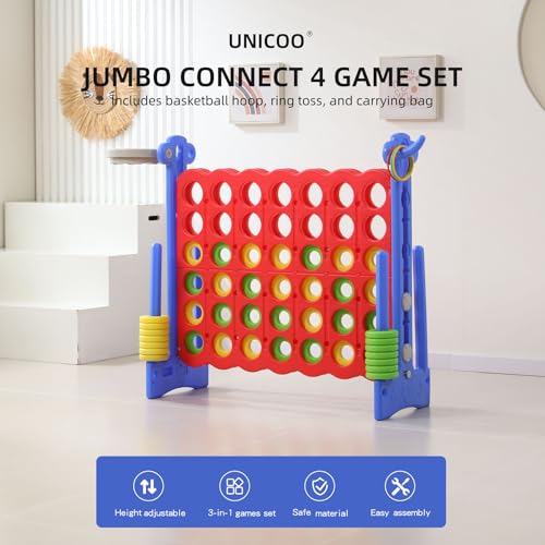Jumbo 4-in-a-Row Game Set, Height Adjustable Indoor Outdoor Yard Game with Basketball Hoop, Ring Toss & Carrying Bag, Family Party Lawn Game for Kids and Adults