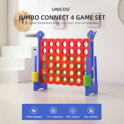 Jumbo 4-in-a-Row Game Set, Height Adjustable Indoor Outdoor Yard Game with Basketball Hoop, Ring Toss & Carrying Bag, Family Party Lawn Game for Kids and Adults