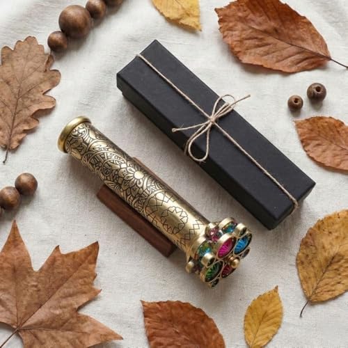 Handcrafted Etched Floral Pattern Lacquered Brass Kaleidoscope Includes Two Separate Turning Wheels