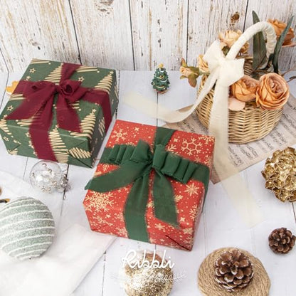 Red Cream Green Christmas Ribbon 1.5 Inch x 3 Rolls Total 30 Yards Handmade Fringe Chiffon Silk Ribbon for Gift Wrapping DIY Crafts Home Decor (3 Count)