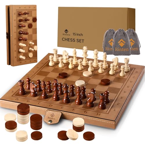 15" Leather Magnetic Chess Set and Checkers Set 2