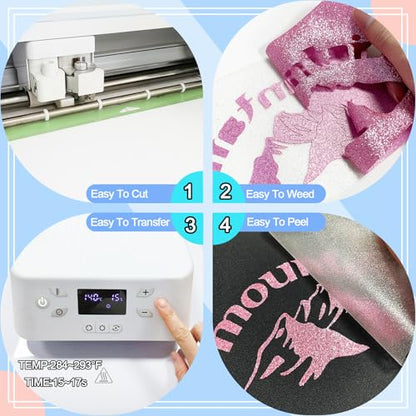 Rouge Powder Glitter HTV Heat Transfer Vinyl 12" x6FT Glitter Vinyl for T Shirts Easy to Cut and Weed Compatible with All Cutter Machines HTV Vinyl Iron on for Cricut