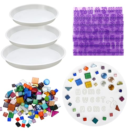 5 Pcs 3 Size Stepping Stone Kit for DIY Outdoor Garden Stepping Stone Includes Cement Molds Mosaic Tiles and Concrete Letter Stamps No Concrete Mix (5 Count)