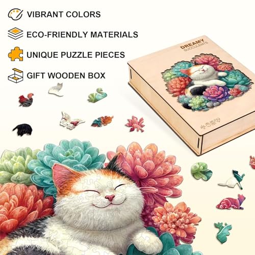 Dreamy Succulents Cat Puzzles Adults Gifts for Women Men Wooden 275 Pieces 13.4 x 12.7in