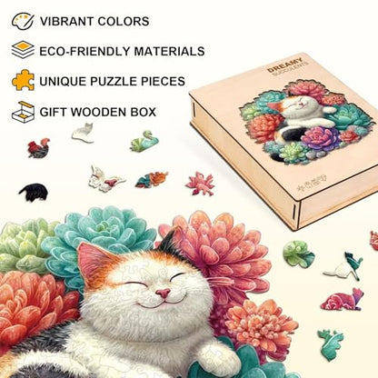 Dreamy Succulents Cat Puzzles Adults Gifts for Women Men Wooden 275 Pieces 13.4 x 12.7in