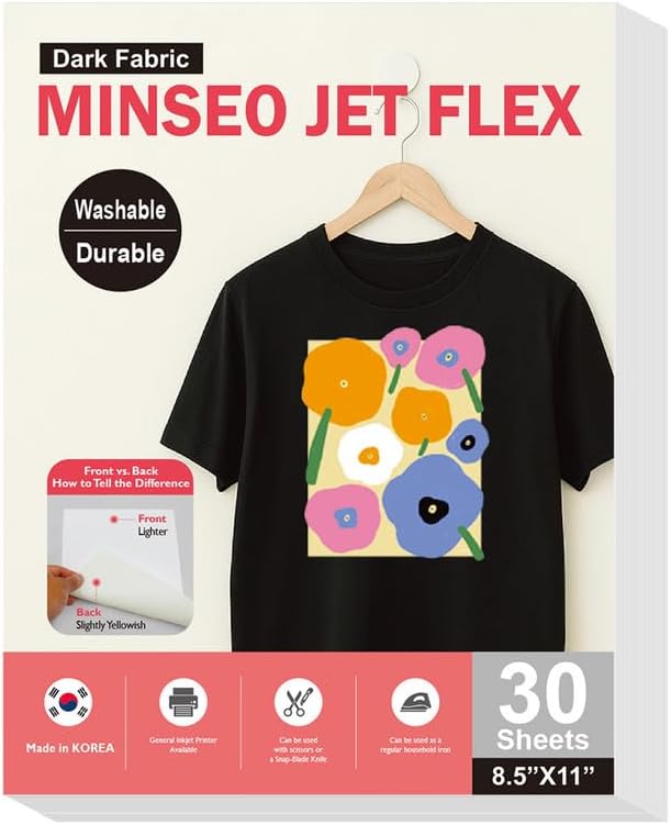 MINSEO Jet Flex Premium Opaque Heat Transfer Paper for Dark Fabric (30 Sheets 8.5x11") Printable Iron-on Transfer Vinyl for Inkjet Printer (Made in Korea)