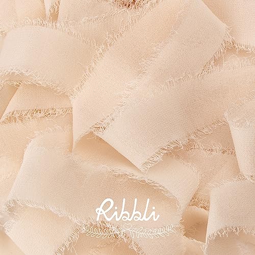 Champagne Chiffon Ribbon 1 Inch x 20 Yard Handmade Fringe Chiffon Silk Ribbon Nude Ribbon for Gifts Wrapping (60 Foot)