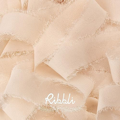 Champagne Chiffon Ribbon 1 Inch x 20 Yard Handmade Fringe Chiffon Silk Ribbon Nude Ribbon for Gifts Wrapping (60 Foot)