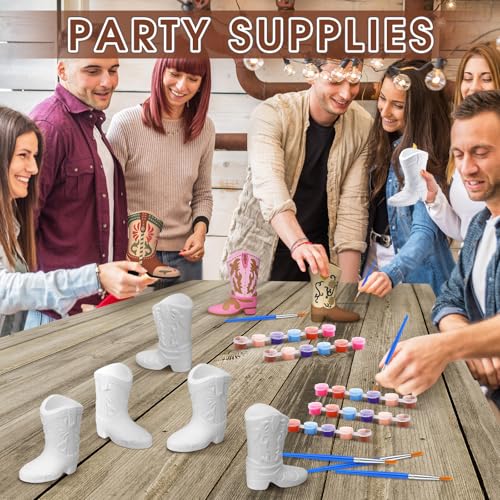 12 Set Cowboy Plaster Boot Vases Ceramics to Paint Ready to Paint DIY Unpainted Plaster Paintable Kit Contains Four Different Styles of Vases with Brush Palette for Adults (12 Count)
