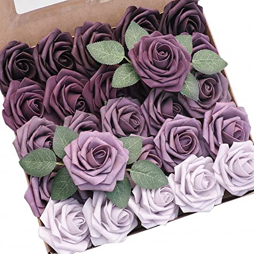 Artificial Flowers 25pcs Real Looking Plum Ombre Colors Foam Fake Roses with Stems for DIY Wedding Bouquets Bridal Shower Floral Centerpieces Party Tables Home Decorations (25 Count)