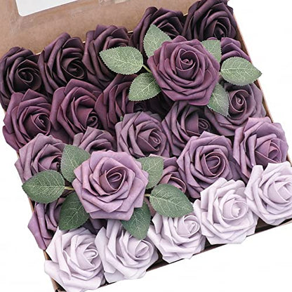 Artificial Flowers 25pcs Real Looking Plum Ombre Colors Foam Fake Roses with Stems for DIY Wedding Bouquets Bridal Shower Floral Centerpieces Party Tables Home Decorations (25 Count)