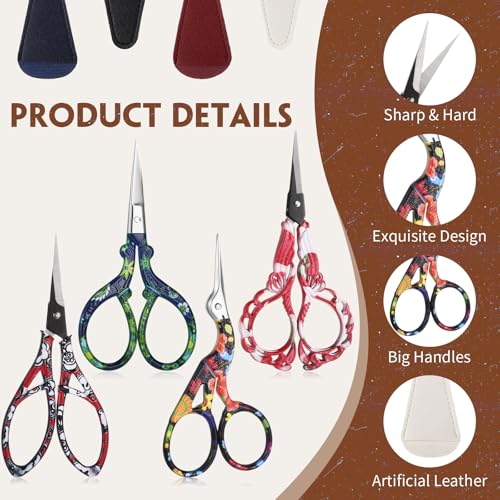 4 Pcs Sewing Embroidery Scissors with Artificial Leather Cover Sewing Stainless Vintage Embroidery Scissors for DIY Needlework Art Manual Handicraft (8 Count)