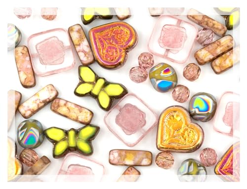 2.1oz (60g) of Focal Glass Bead Mix with Table-Cut Flower and Butterfly Beads, PG Pale Green Pink (2.1164 Ounce)