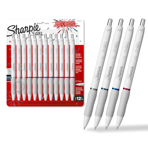 S-Gel Pens, Pearl White Body, Fashion Barrel, Medium Point (0.7mm), Colorful Ink, 12 Count, USA 250th Anniversary Edition