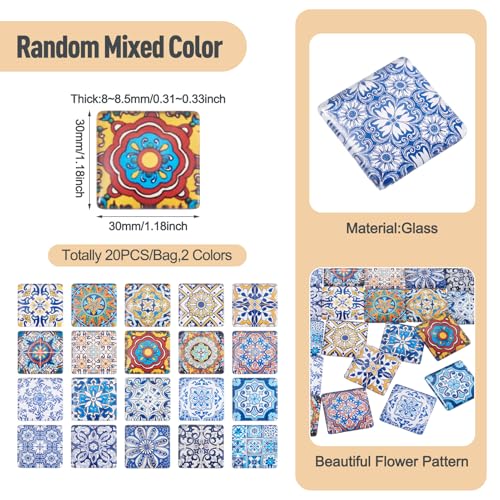 20Pcs 30mm Square Glass Cabochons Flower Printed Mosaic Tile Glass Cabochon Vintage Flower Floor Dome Cabochon for Photo Pendant Earrings Necklace Bracelet Keychain Rings Jewelry Making