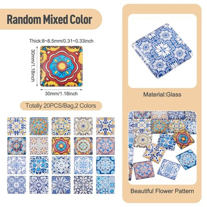 20Pcs 30mm Square Glass Cabochons Flower Printed Mosaic Tile Glass Cabochon Vintage Flower Floor Dome Cabochon for Photo Pendant Earrings Necklace Bracelet Keychain Rings Jewelry Making