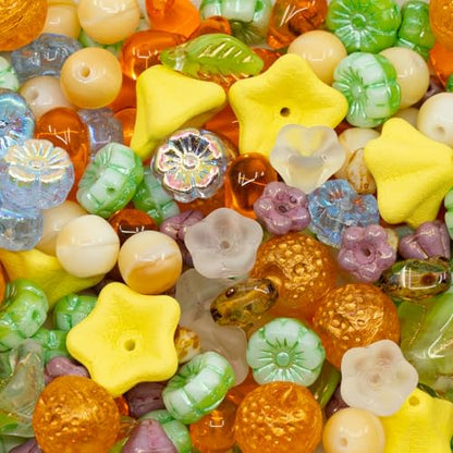 1.4oz (40g) Limited Mix of Czech Glass Beads, Hand Made Set Kit, Green Leaves Beads Yellow Petunia Orange