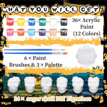 24 Sets Day of Dead Skull Ceramic Figurines Gnome Painting Kit
