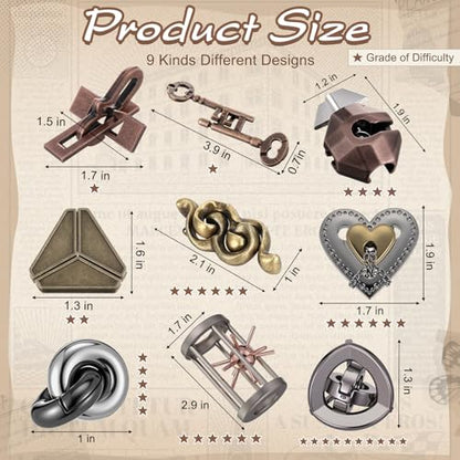 9 Pcs Metal Brain Teasers 3D Steel Puzzle Set (9 Count)