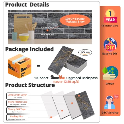 100 Pieces Peel and Stick Backsplash for Kitchen (12.5 Sq Ft)