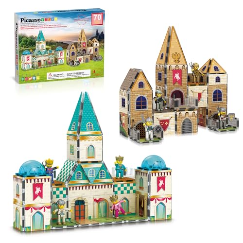 70pc Middle Age Medieval and Castle Theme Tile 2in1 8 Character Action Figures Magnet Tiles Building Block Pretend Magnetic Play Fine Motor Skill STEM Educational Construction Age3+ PTQ01