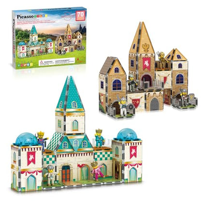 70pc Middle Age Medieval and Castle Theme Tile 2in1 8 Character Action Figures Magnet Tiles Building Block Pretend Magnetic Play Fine Motor Skill STEM Educational Construction Age3+ PTQ01