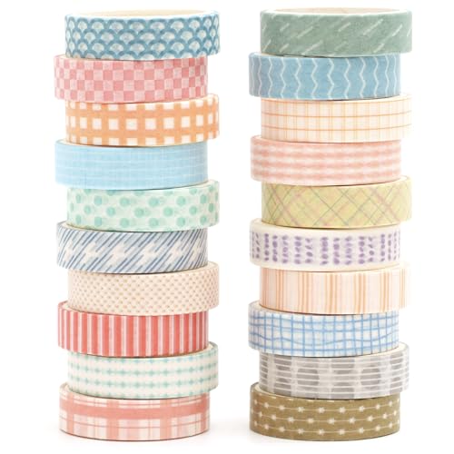 20 Rolls Basic Washi Tape Set Japanese Arts Adhesive Tapes Simple Patterns Decorative Masking Tape Sets for Craft (20 Count)