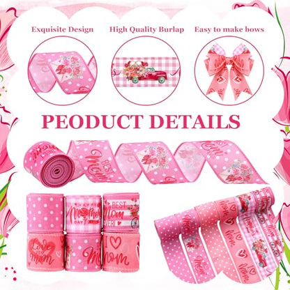 12 Rolls Mother's Day Wired Edge Ribbon for Wreaths 2 Inch x 60 Yards Pink Burlap Stripe Ribbons Happy Mother's Day Love You Mom Floral Decorative for Bow Wreath DIY Craft Gift Wrapping Decor (12 Count)