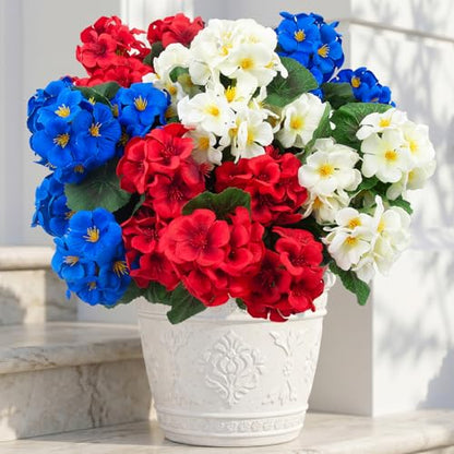 12 Pcs Artificial Geranium Flowers for Outdoors Geranium Silk Red White Blue Flowers Outdoor UV Resistant Plants Faux Patriotic Flowers for 4th of July Home Decor