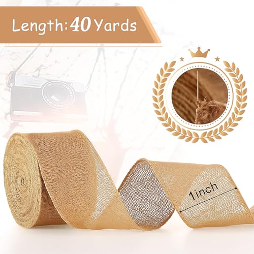 40 Yard 1 Inches Burlap Ribbon Wide Jute Ribbon Natural Burlap Fabric Roll Wired Edge for Wreaths