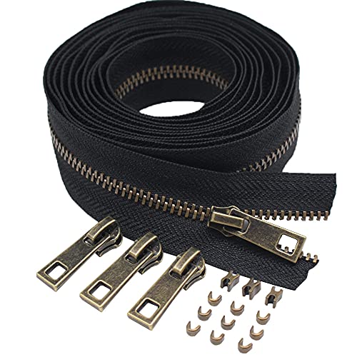 3 Upholstery Zipper Tape by The Yard Black Metal Zippers 5 Yards with 10pcs Antique Brass Pulls for Sewing Tailor Crafts