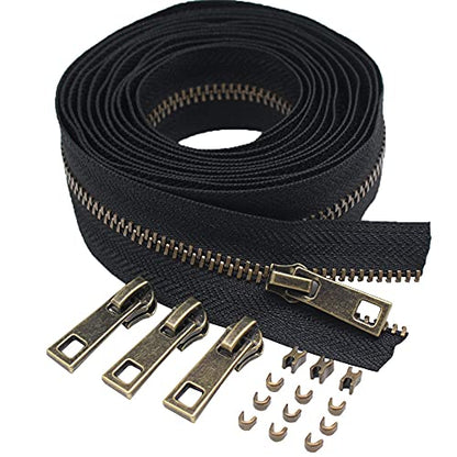 3 Upholstery Zipper Tape by The Yard Black Metal Zippers 5 Yards with 10pcs Antique Brass Pulls for Sewing Tailor Crafts
