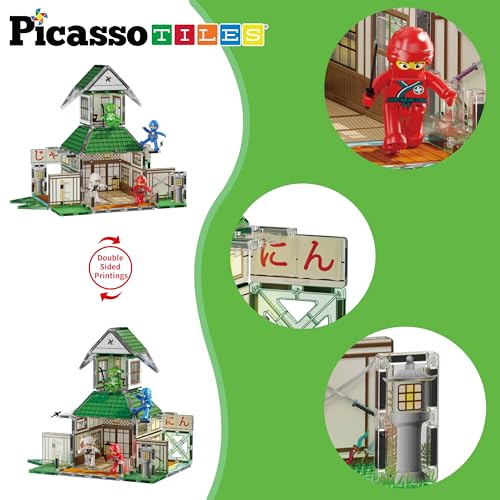 Magnet Tile Building Blocks Ninja Dojo House Theme STEM Playset with 4 Character Action Figure Ninjas Weapon Accessories Magnetic Tiles Educational Toy Pretend Play Toddlers Ages 3+ PTQ07 (10 count)