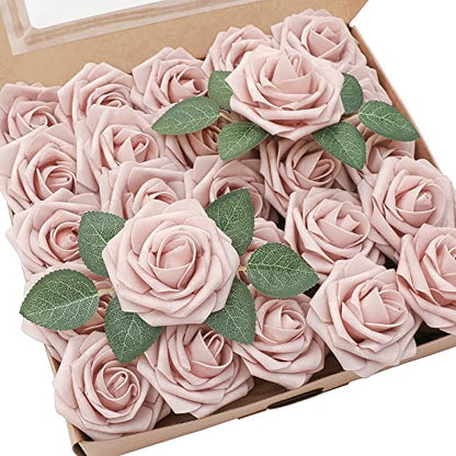 Artificial Flowers 25pcs Real Looking Shabby Blush Foam Fake Roses with Stems for DIY Wedding Bouquets Bridal Shower Centerpieces Floral Arrangements Party Tables Home Decorations (25 Count)