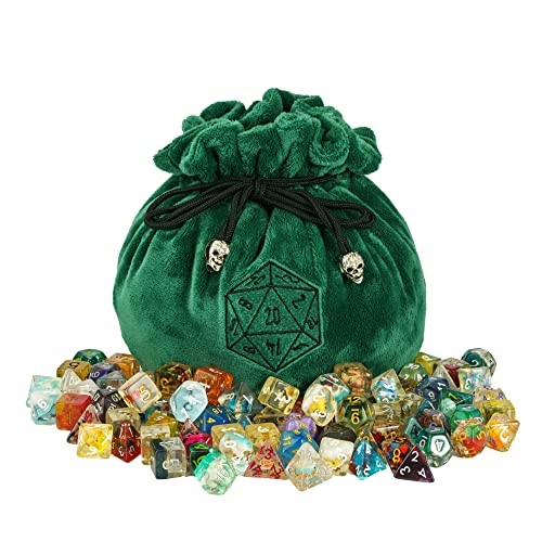 Large Dice Bag D&D with Pockets Green Dice Storage Bag D20 Pattern (20.4 Ounce)