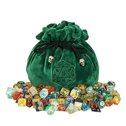 Large Dice Bag D&D with Pockets Green Dice Storage Bag D20 Pattern (20.4 Ounce)