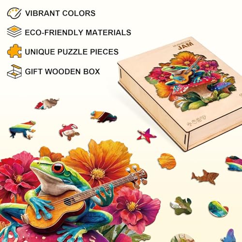 Mushroom Guitar Frog Puzzles Adults Gifts for Women Men Wooden 100 Pieces 8.5 x 8.3in