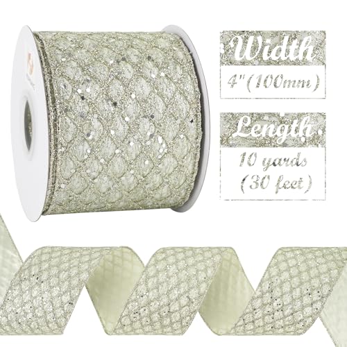 Champagne Glitter Wired Christmas Tree Ribbon 4 inch x 10 Yards (30 Foot)
