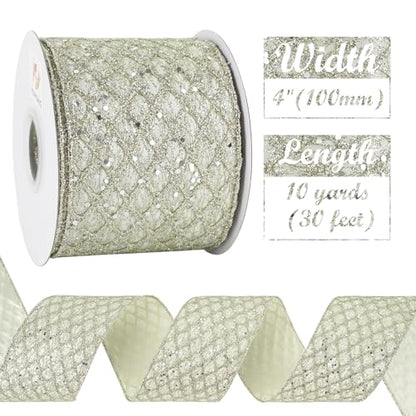 Champagne Glitter Wired Christmas Tree Ribbon 4 inch x 10 Yards (30 Foot)