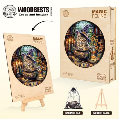 Wooden Puzzles for Adults Magic Feline Cat Jigsaw Puzzle 17.3*17.3in (450 Count)